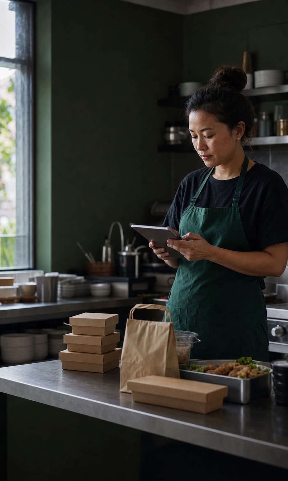 Pemilik usaha kuliner memeriksa pesanan dari tablet di dapurnya
