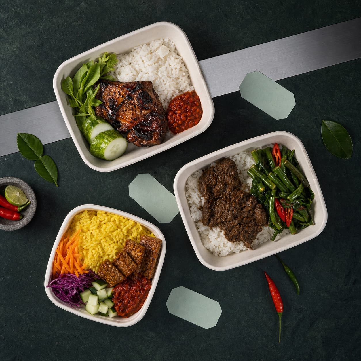 Tiga menu pickup Indonesia tersusun di atas meja hijau gelap